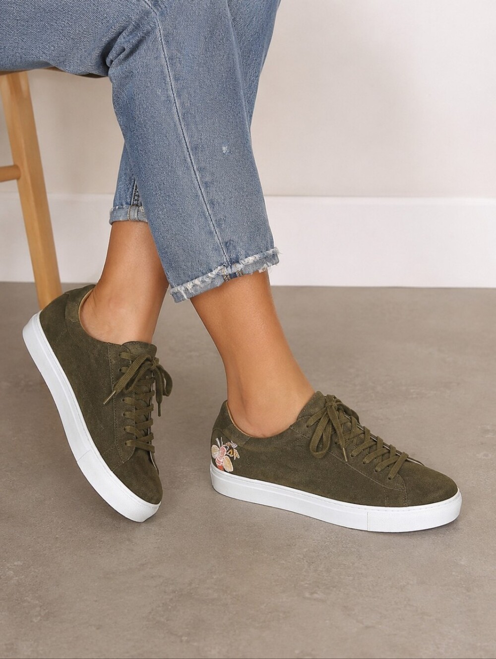 Bettye Muller Olive Green Suede Embroidered Bee Sneakers Size 8